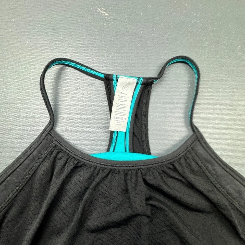 Ivivva Girls Size 12 Black Teal Racerback Tank Built In Bra Athletic Stretch Top